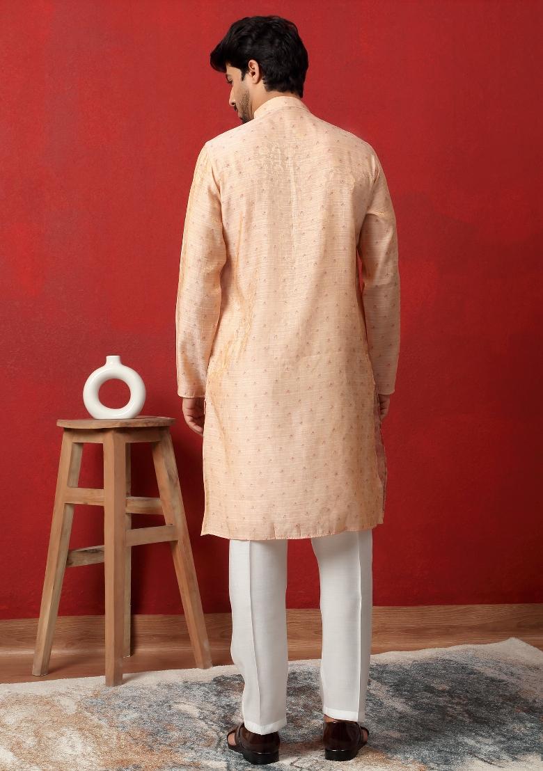 Peach Printed Silk Blend Kurta For Men - Indya