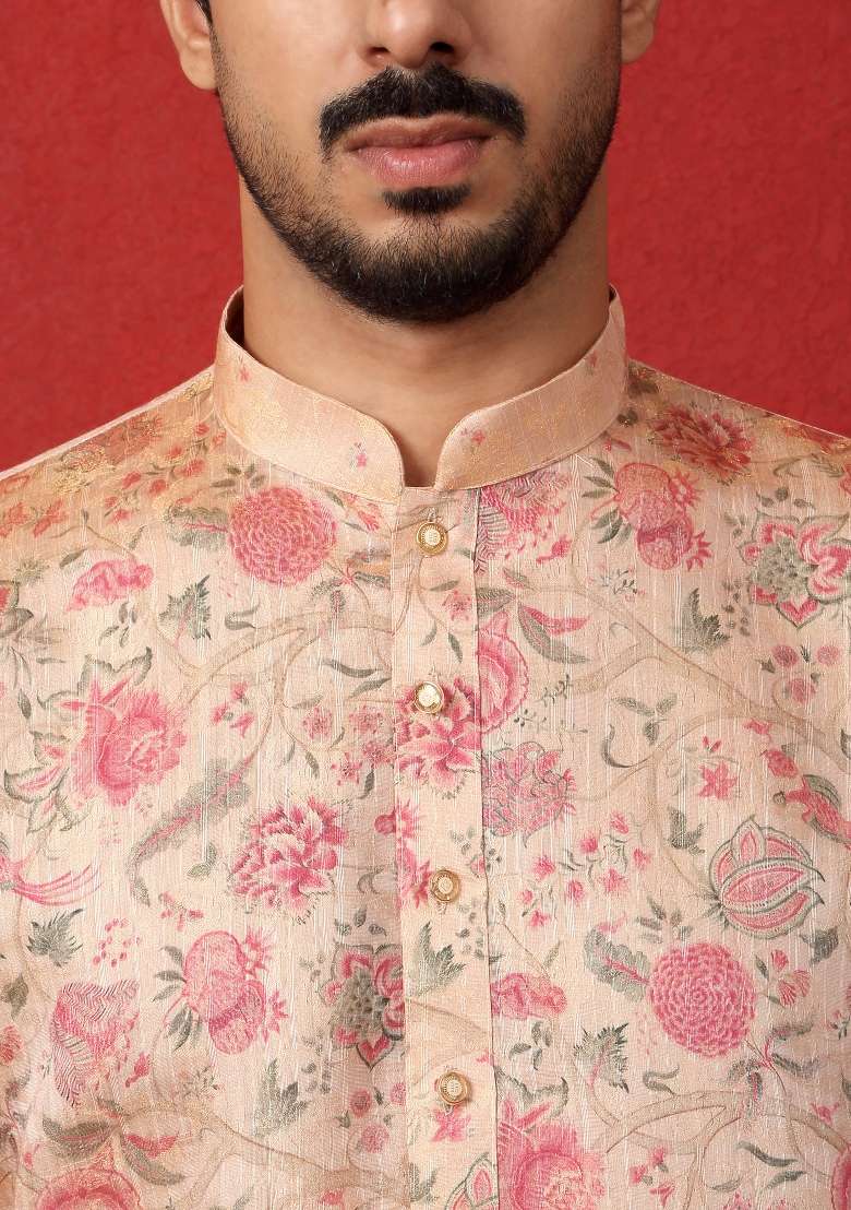 Peach Printed Silk Blend Kurta For Men - Indya