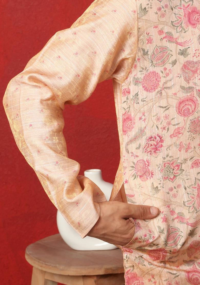 Peach Printed Silk Blend Kurta For Men - Indya