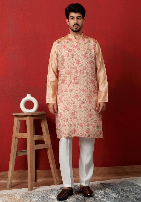 Peach Printed Silk Kurta For Men