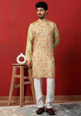 Pista Printed Silk Blend Kurta For Men