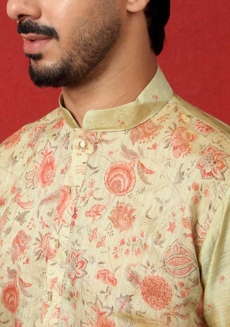 Pista Printed Silk Blend Kurta For Men - Indya