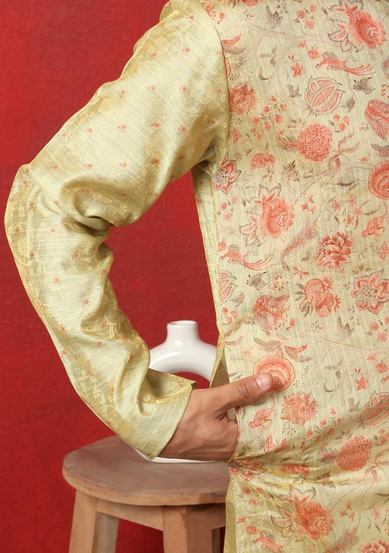Pista Printed Silk Blend Kurta For Men - Indya
