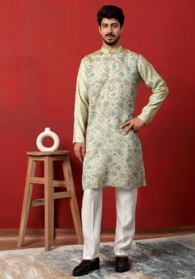 Blue Printed Silk Blend Kurta For Men