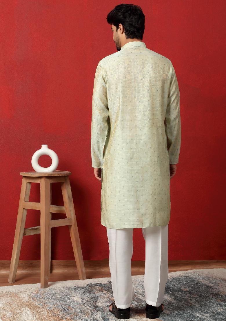 Blue Printed Silk Blend Kurta For Men - Indya