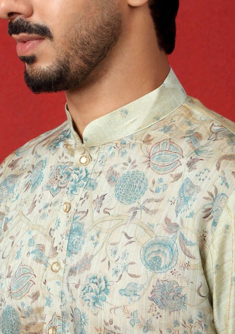 Blue Printed Silk Blend Kurta For Men - Indya