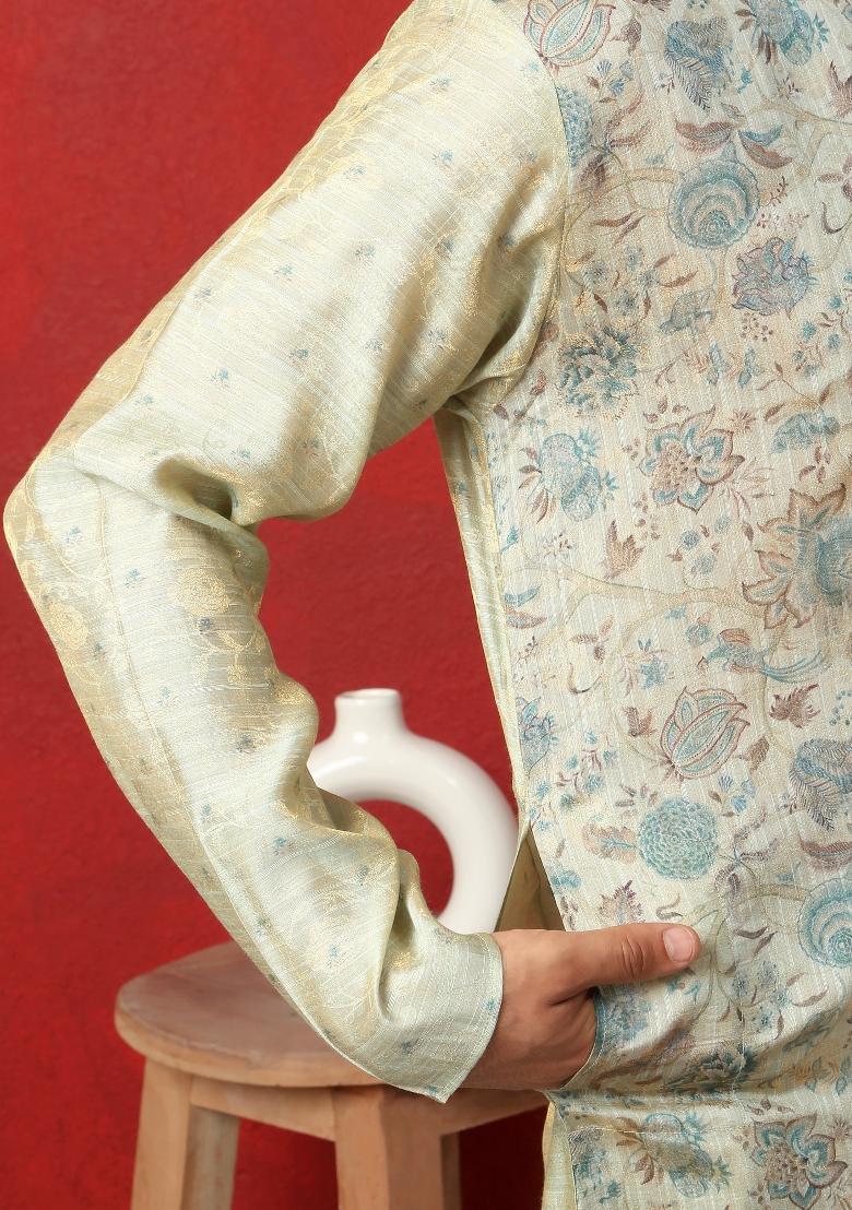 Blue Printed Silk Blend Kurta For Men - Indya