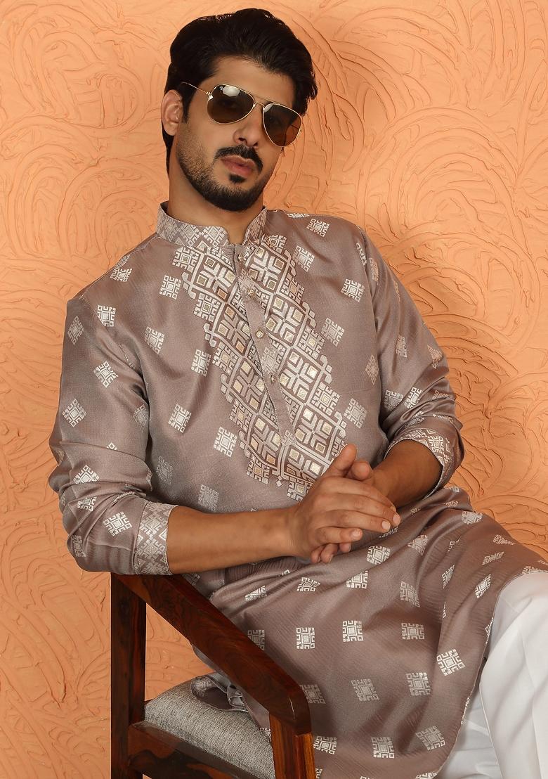 Beige Woven Design Silk Blend Kurta For Men - Indya