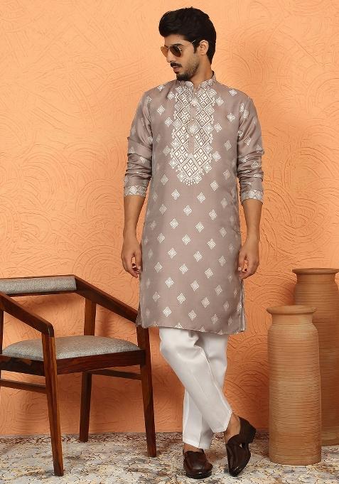Beige Woven Design Silk Kurta For Men