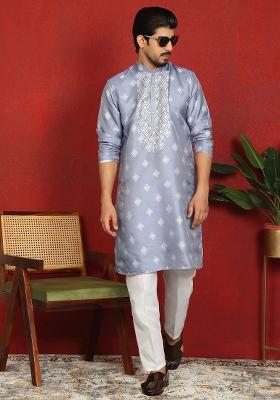 Blue Woven Design Silk Blend Kurta For Men