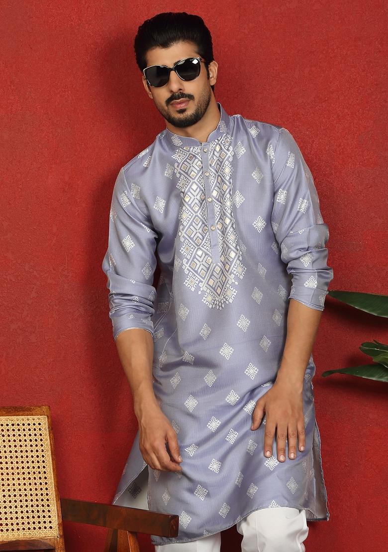 Blue Woven Design Silk Blend Kurta For Men - Indya