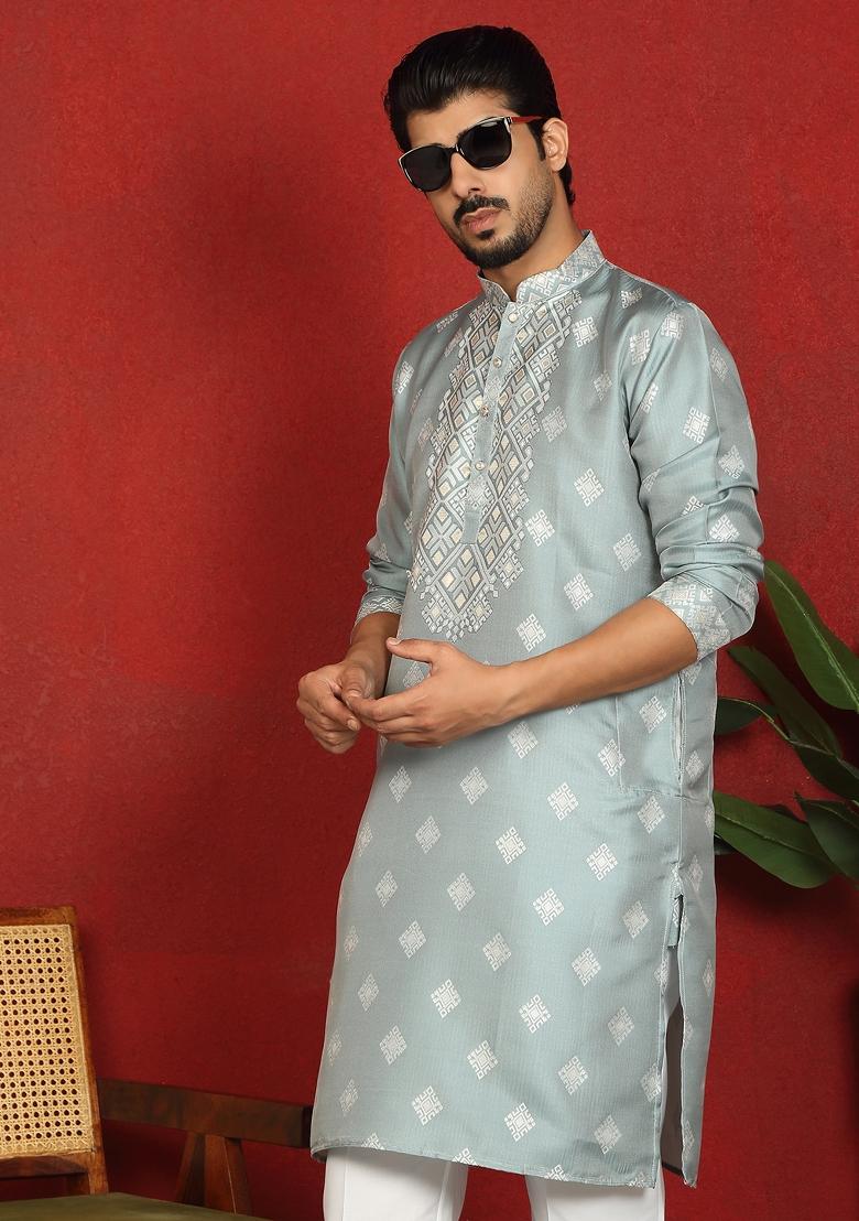 Green Woven Design Silk Blend Kurta For Men - Indya