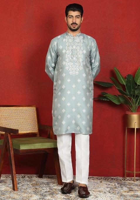 Green Woven Design Silk Blend Kurta For Men