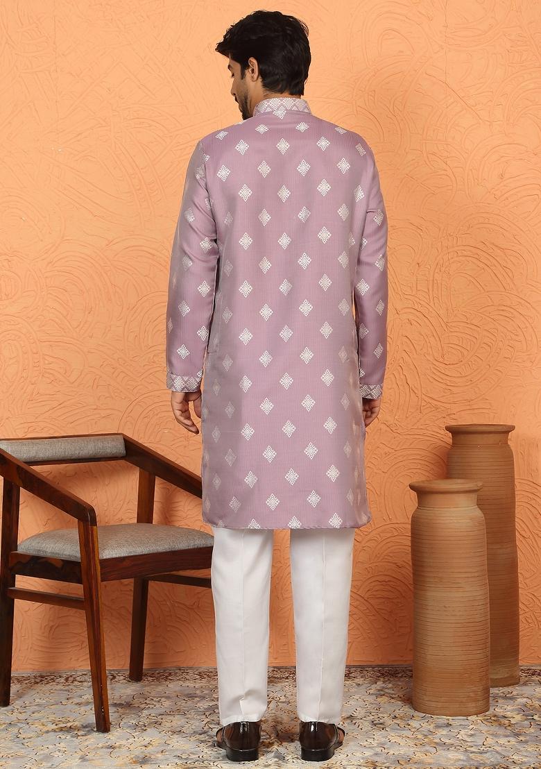 Mauve Woven Design Silk Blend Kurta For Men - Indya