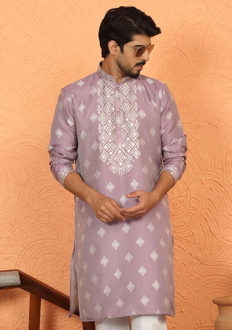 Mauve Woven Design Silk Blend Kurta For Men - Indya