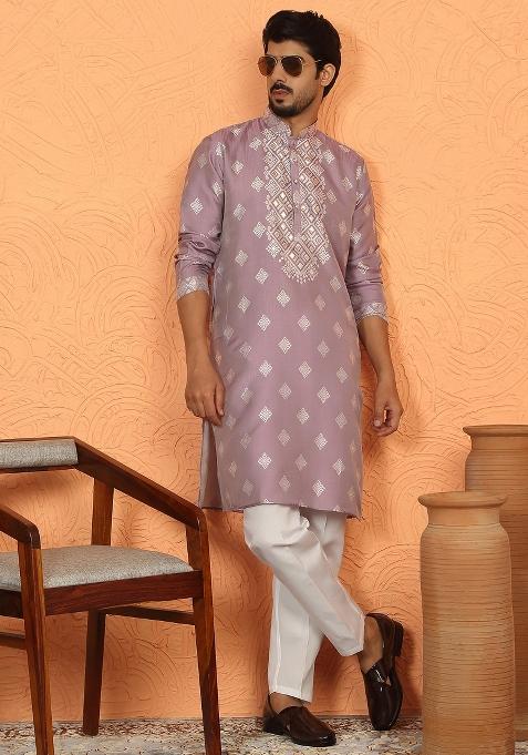 Mauve Woven Design Silk Blend Kurta For Men