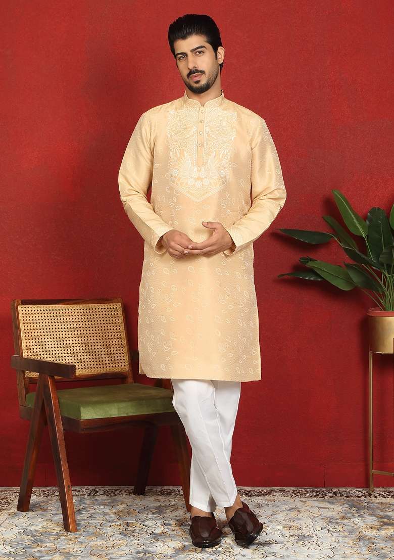 Beige Floral Print Silk Blend Kurta For Men - Indya
