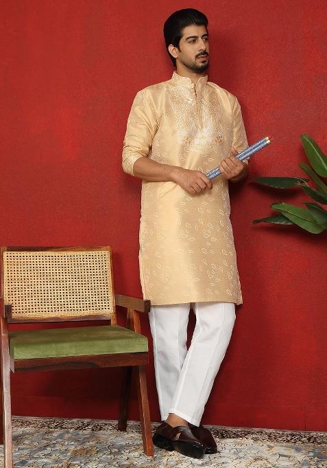 Beige Floral Print Silk Kurta For Men