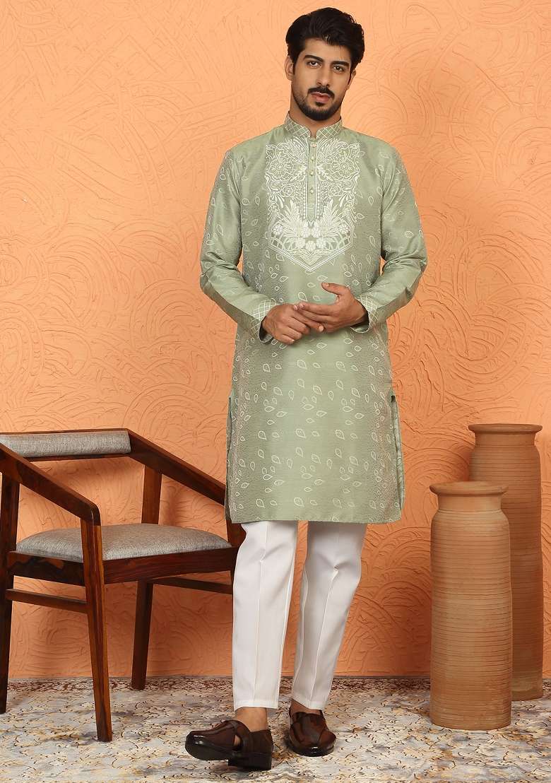 Green Floral Print Silk Blend Kurta For Men - Indya