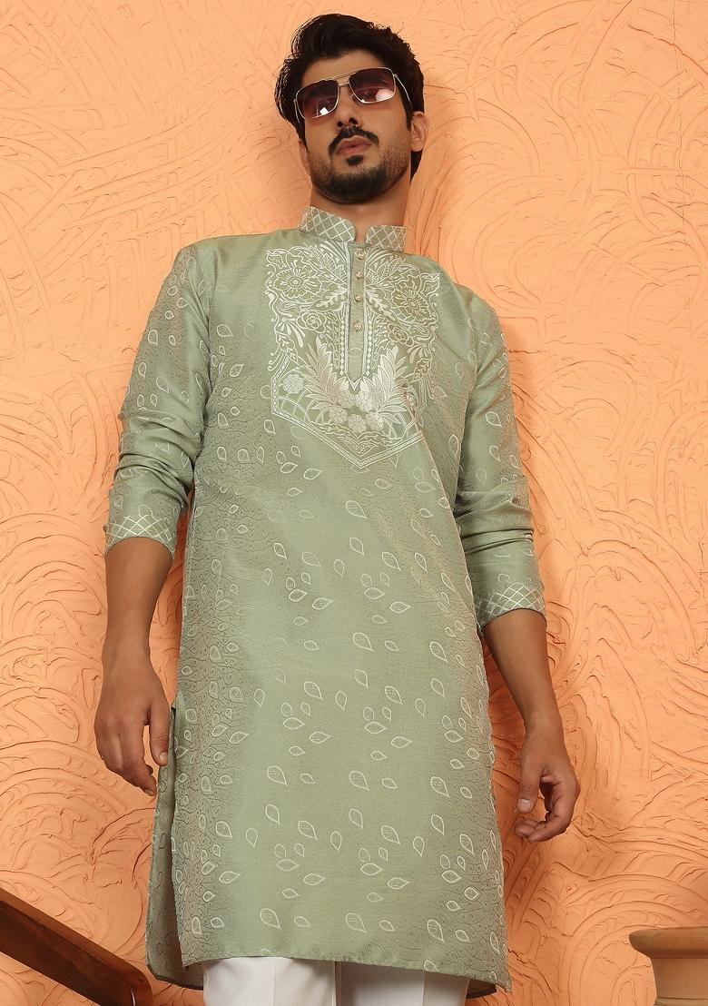 Green Floral Print Silk Blend Kurta For Men - Indya