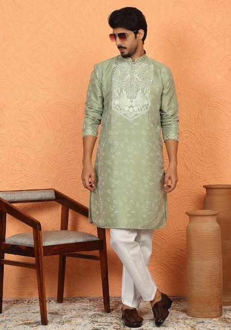Green Floral Print Silk Blend Kurta For Men