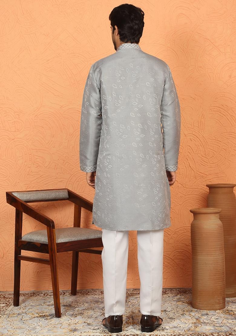 Grey Floral Print Silk Blend Kurta For Men - Indya