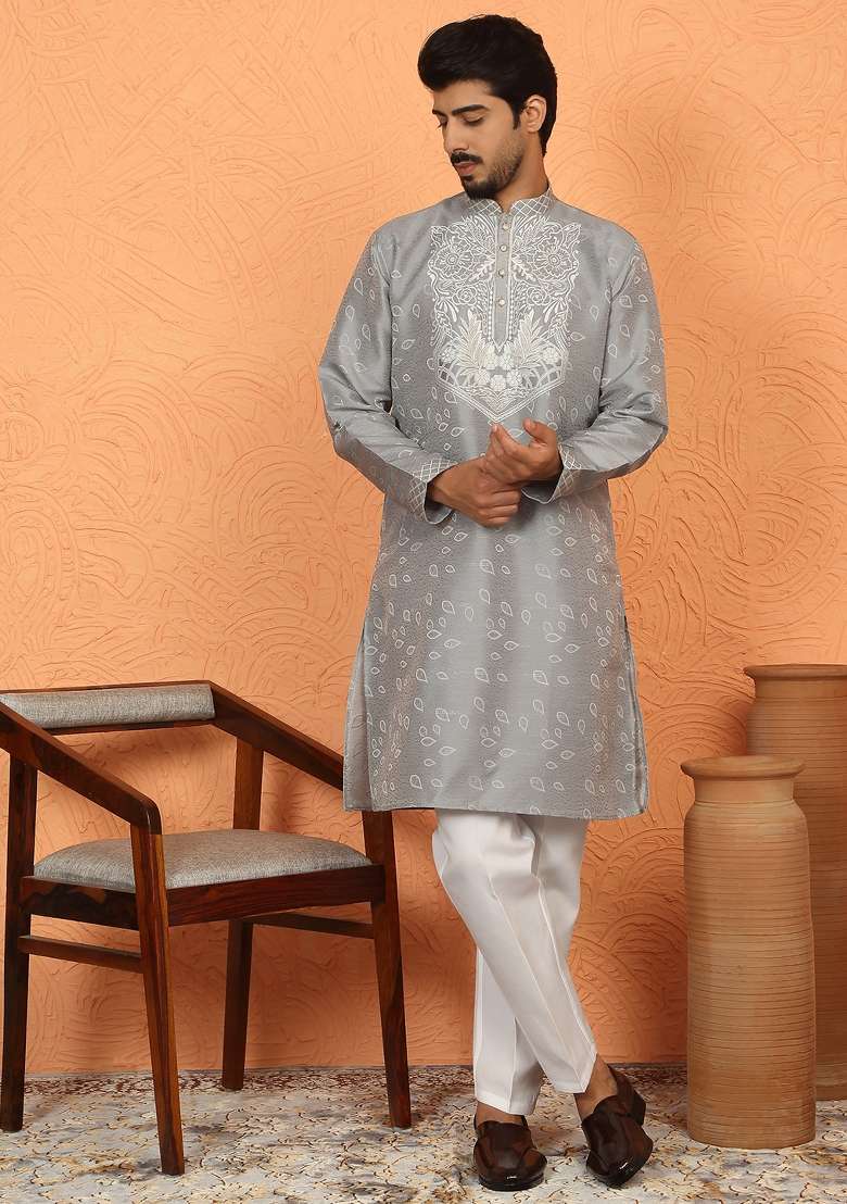 Grey Floral Print Silk Blend Kurta For Men - Indya