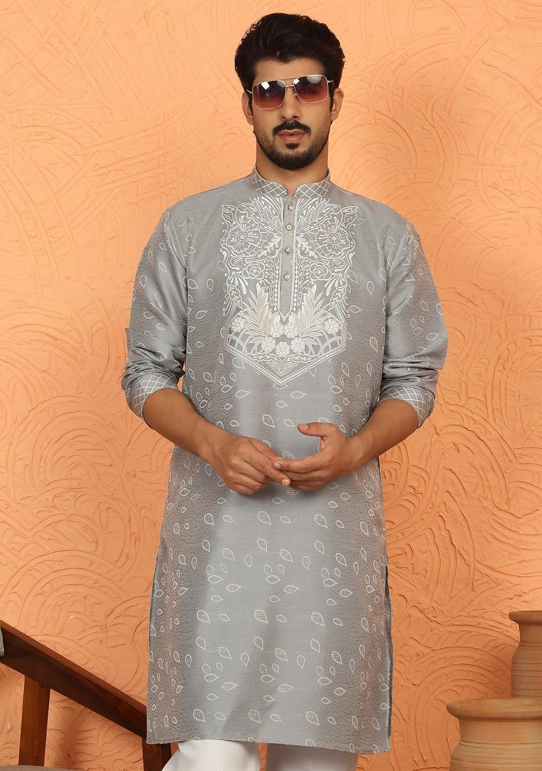 Grey Floral Print Silk Blend Kurta For Men - Indya