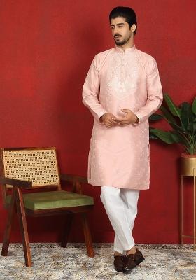 Pink Floral Print Silk Blend Kurta For Men