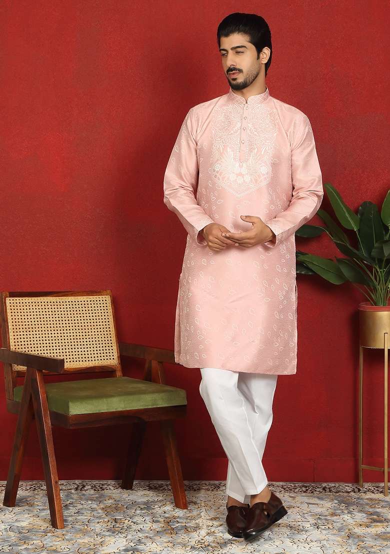 Pink Floral Print Silk Blend Kurta For Men - Indya