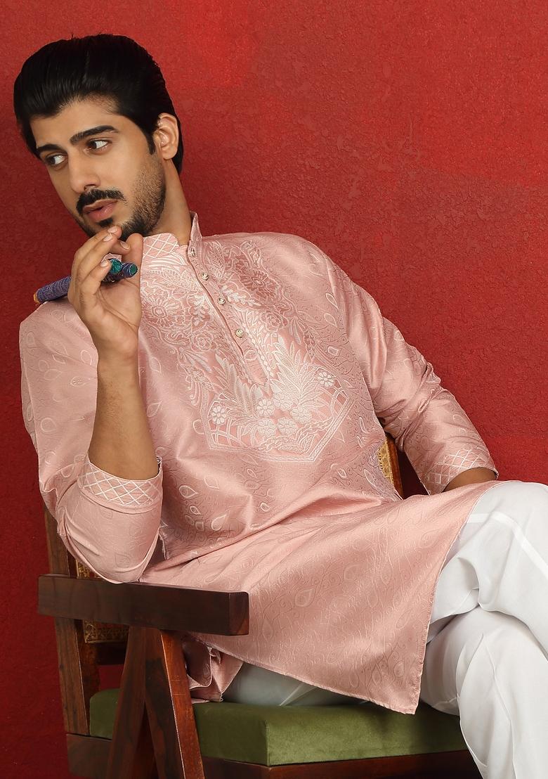 Pink Floral Print Silk Blend Kurta For Men - Indya