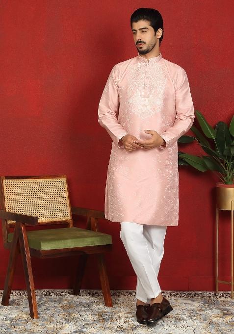 Pink Floral Print Silk Kurta For Men