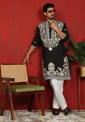 Black Floral Print Cotton Kurta For Men