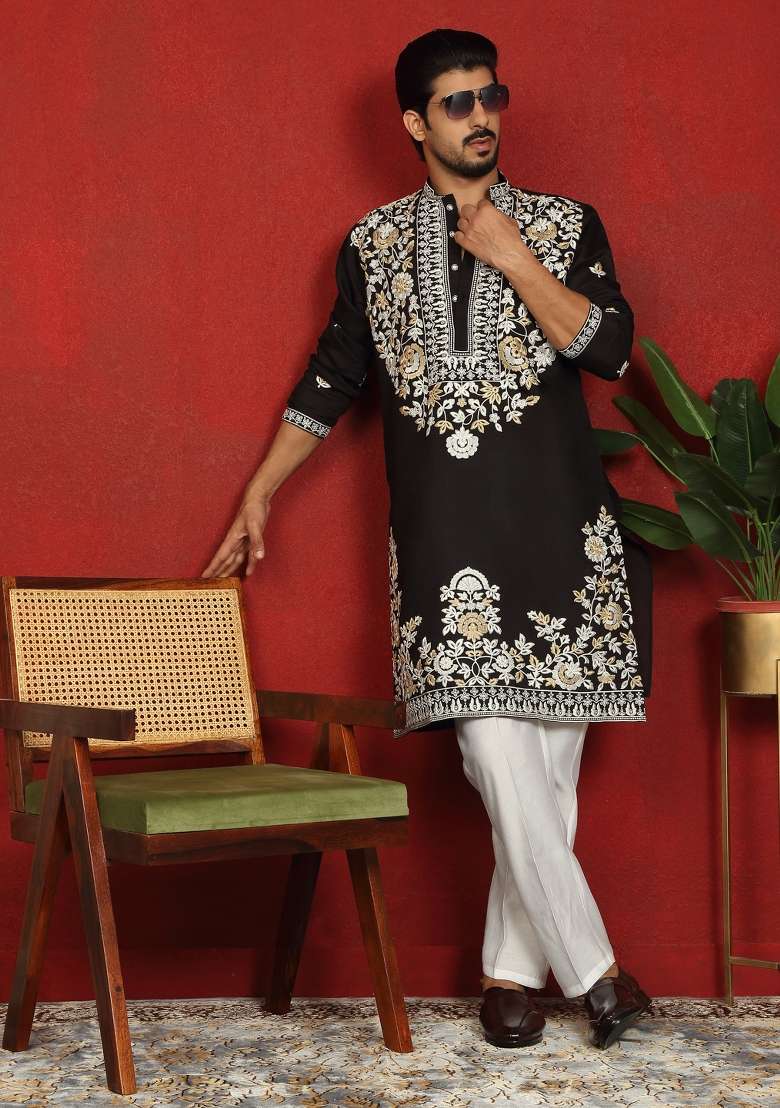 Black Floral Print Cotton Kurta For Men - Indya