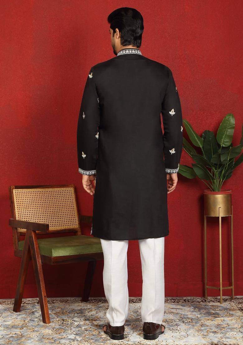 Black Floral Print Cotton Kurta For Men - Indya