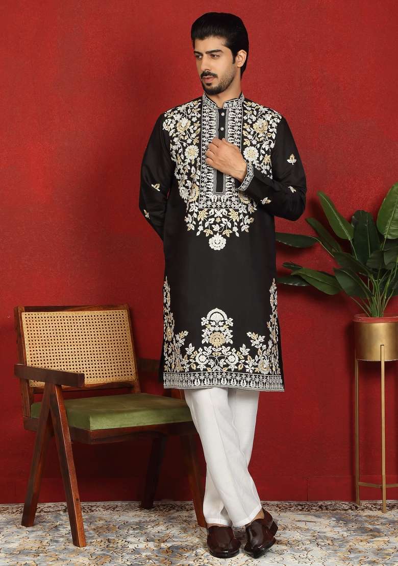 Black Floral Print Cotton Kurta For Men - Indya