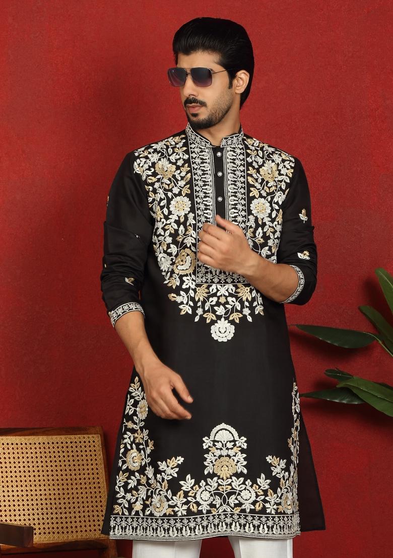 Black Floral Print Cotton Kurta For Men - Indya