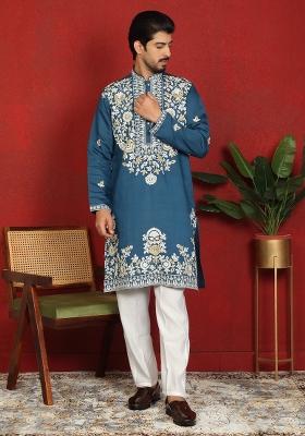 Blue Floral Print Cotton Kurta For Men