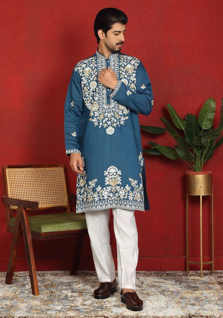 Blue Floral Print Cotton Kurta For Men - Indya