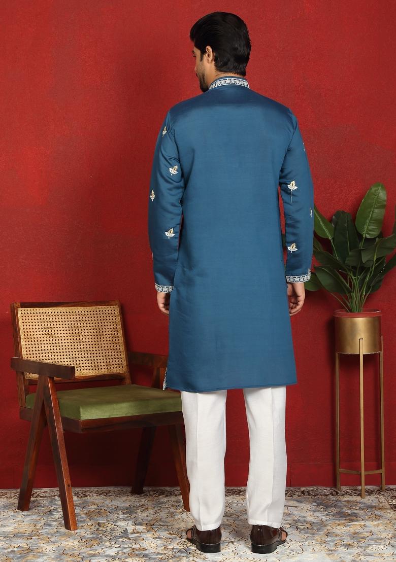 Blue Floral Print Cotton Kurta For Men - Indya