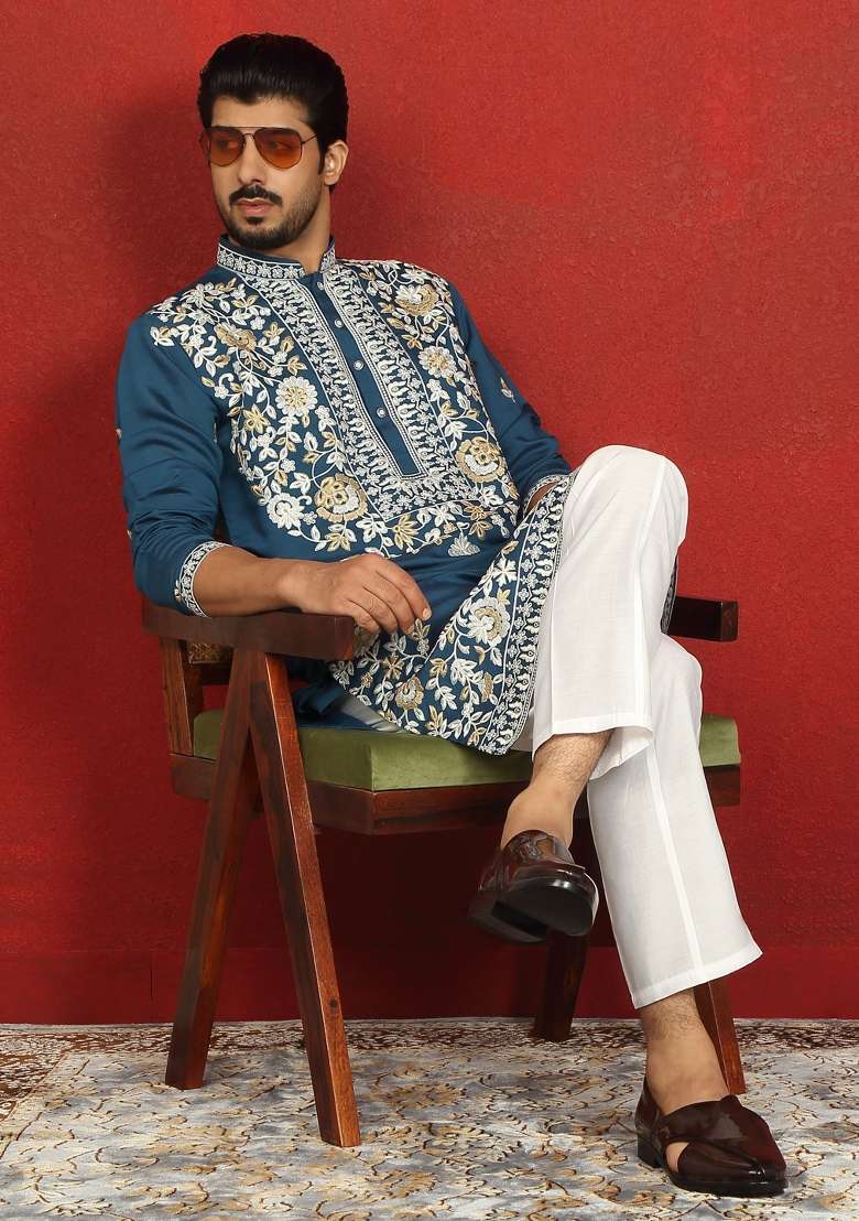 Blue Floral Print Cotton Kurta For Men - Indya