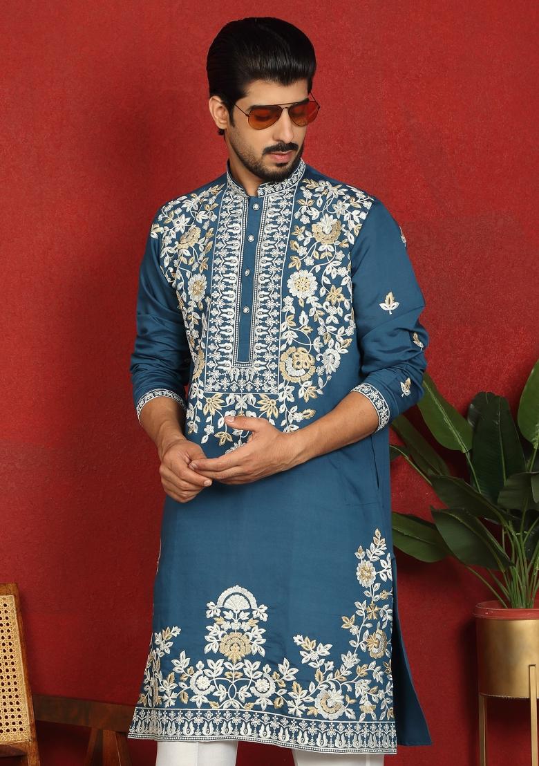 Blue Floral Print Cotton Kurta For Men - Indya