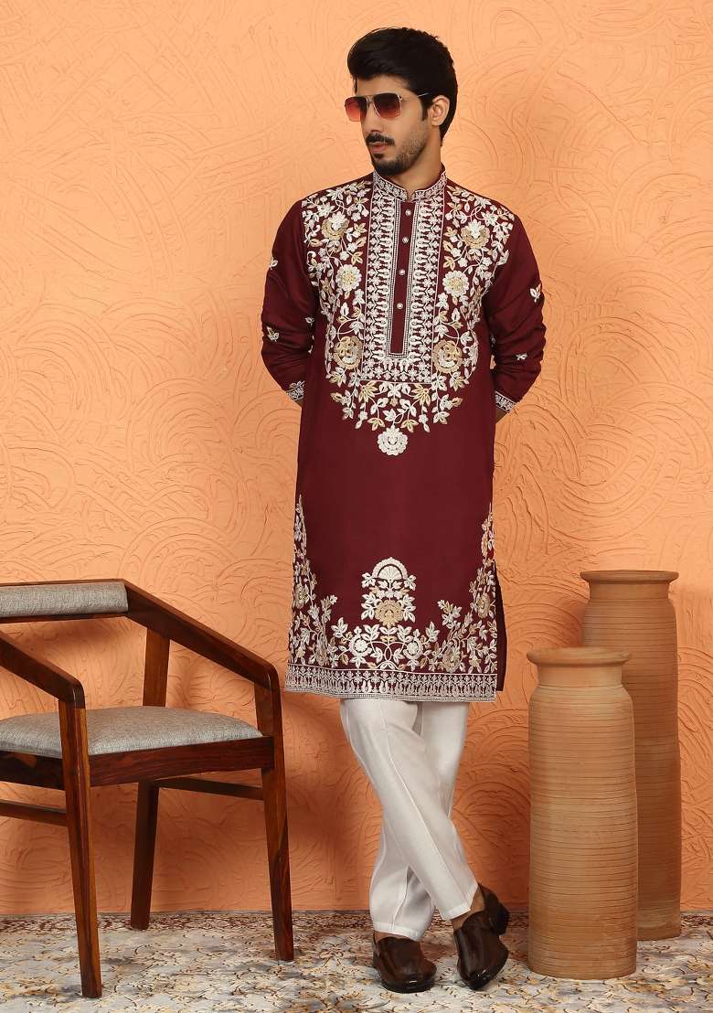 Maroon Floral Print Cotton Kurta For Men - Indya