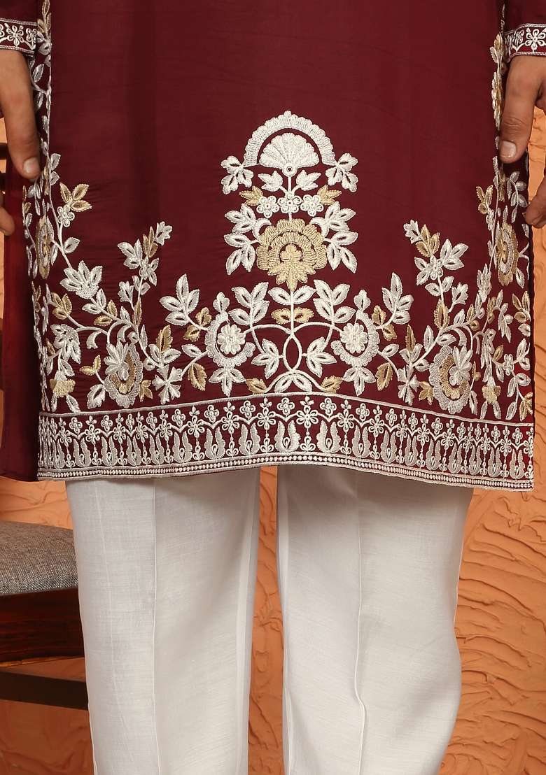 Maroon Floral Print Cotton Kurta For Men - Indya