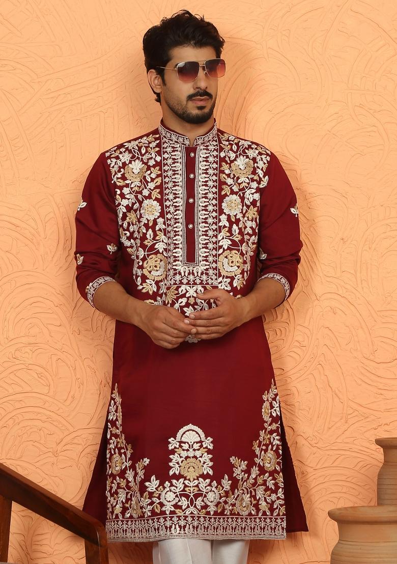 Maroon Floral Print Cotton Kurta For Men - Indya