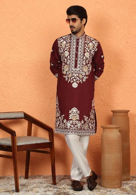 Maroon Floral Print Cotton Kurta For Men