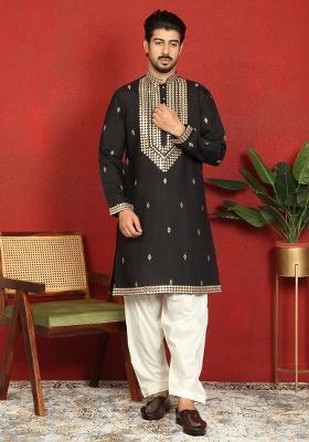 Black Embroidered Cotton Kurta For Men