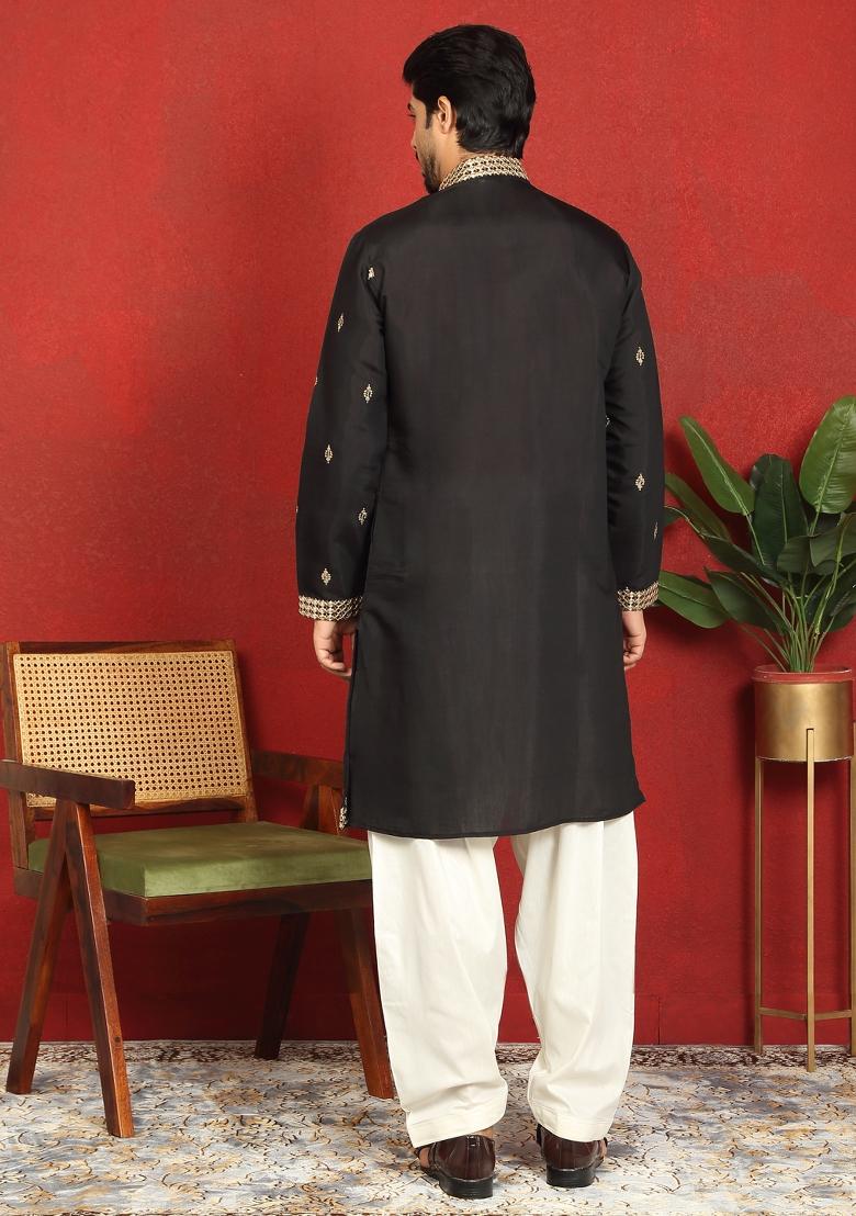 Black Embroidered Cotton Kurta For Men - Indya