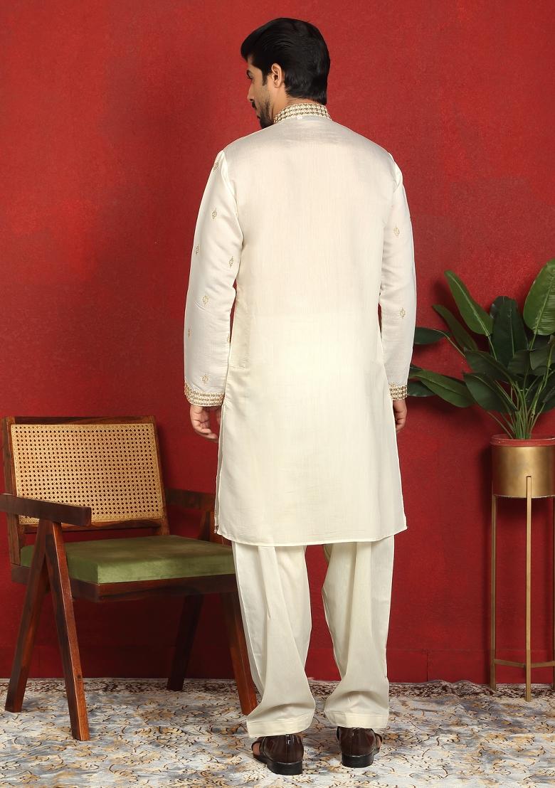 Cream Embroidered Cotton Kurta For Men - Indya