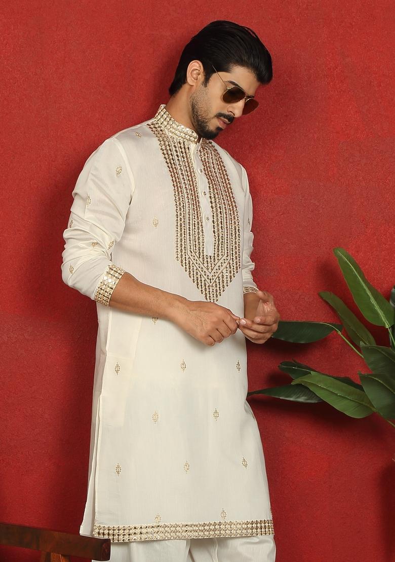 Cream Embroidered Cotton Kurta For Men - Indya